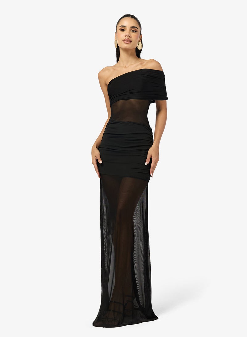 Ginger One Shoulder Ruched Mesh Dress - Image 1